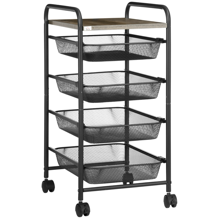 Carrito de Almacenamiento de 5 Niveles Carro Multiusos con Ruedas Carrito de Cocina 4 Bandejas Extraíbles y Tablero de Madera para Salón Dormitorio 41,5x31x66 cm Negro