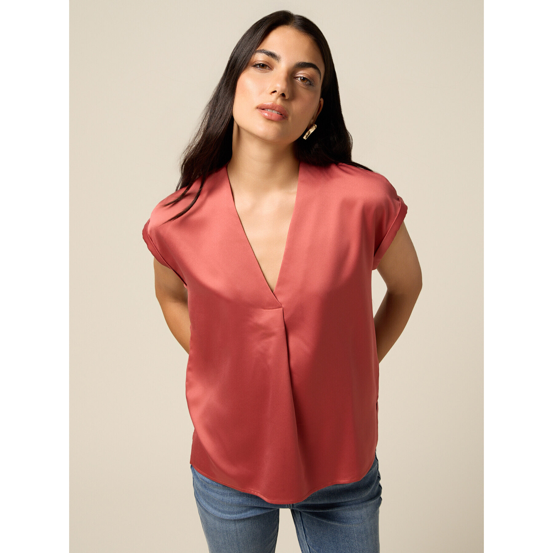 Oltre - Camiseta bimatérica con escote en V - Rosa