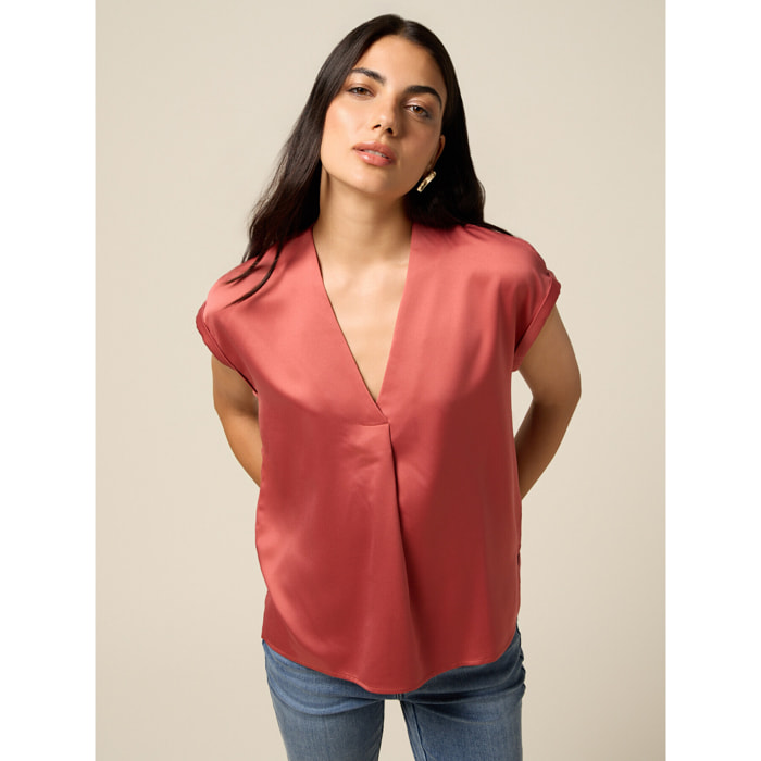 Oltre - Camiseta bimatérica con escote en V - Rosa