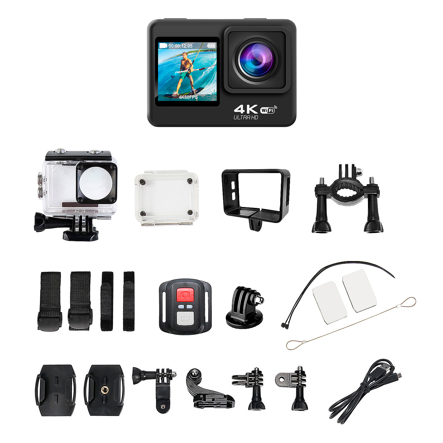 Cámara Deportiva AT-Q60AR de 4k 30fps con 16 mpx, doble pantalla de 2" y 1.3" con multitud de accesorios deportivos y WIFI.