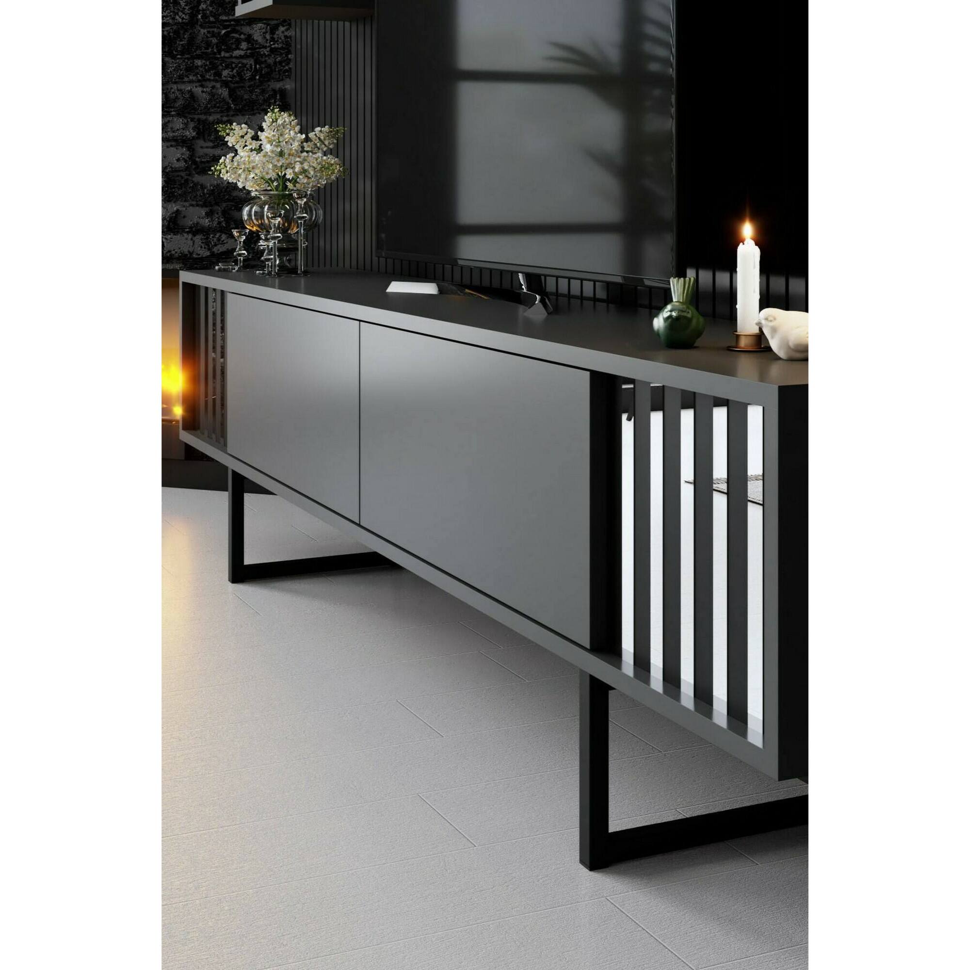 Mobile porta TV Dfantin, Credenza da soggiorno, Armadio basso per TV, Base parete attrezzata, 180x30h48 cm, Antracite e Nero