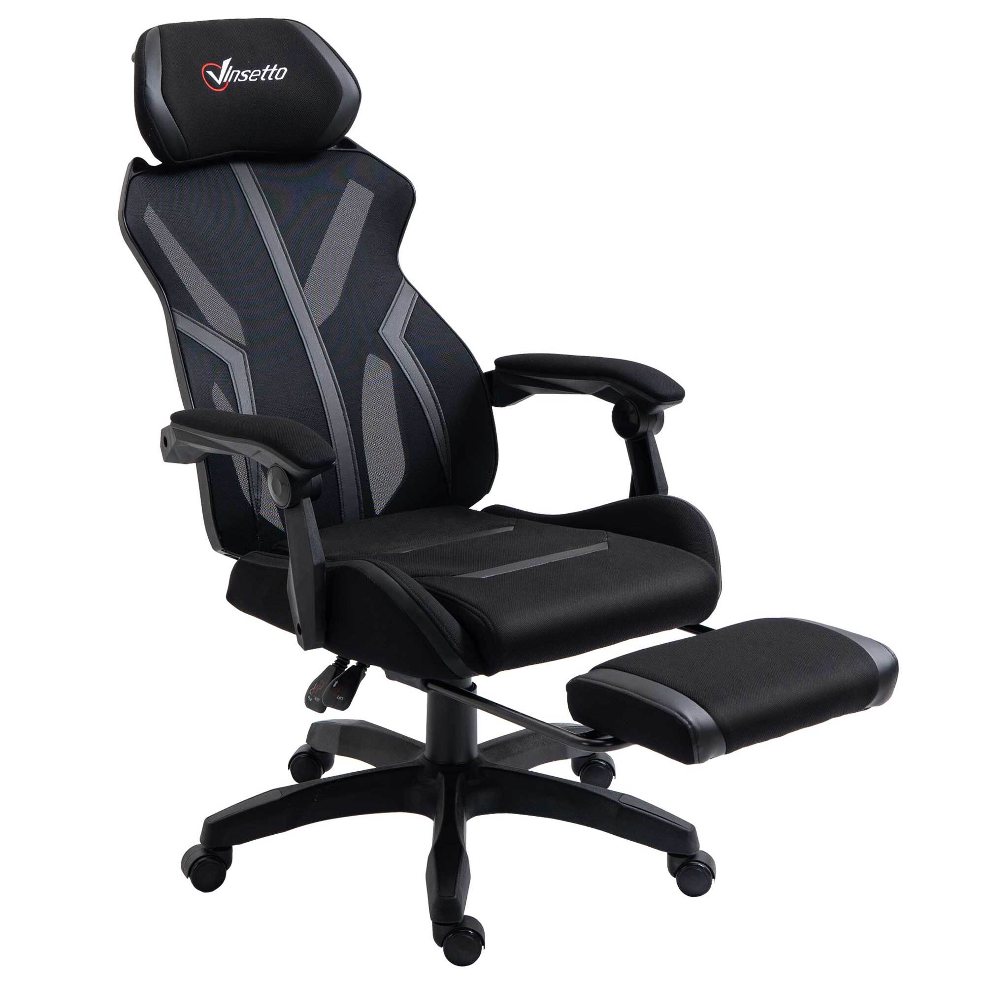 Vinsetto Silla Gaming con Reposapiés Retráctil Silla de Oficina Giratoria Reclinable con Reposacabezas y Altura Ajustable 65x65x119-129 cm Negro