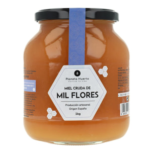 PLANETA HUERTO | Miel Cruda de Mil Flores 1 Kg, Miel 100% Natural y Artesanal Sin Filtrar ni Pasteurizar - Miel Cruda Origen España con Polinización Silvestre de Fabáceas, Zarzas, Crucíferas y Labiadas