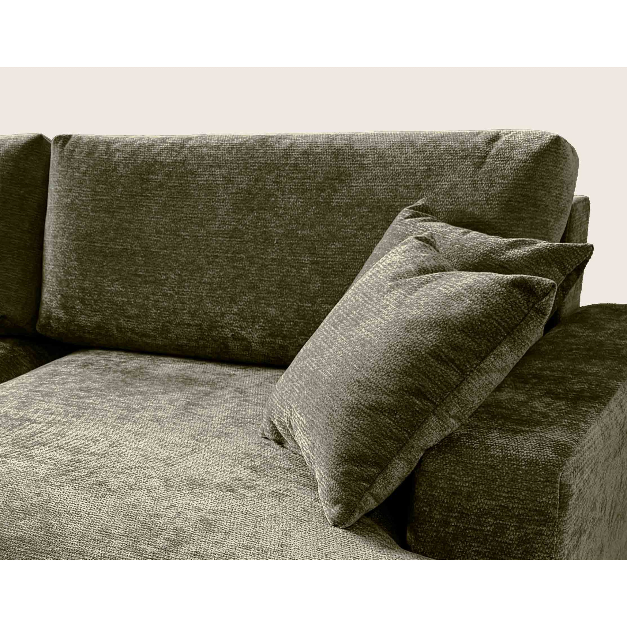 Pivoine - Canapé d'angle ouvert droit 4 places convertible avec coffre en tissu texturé - Vert Kaki