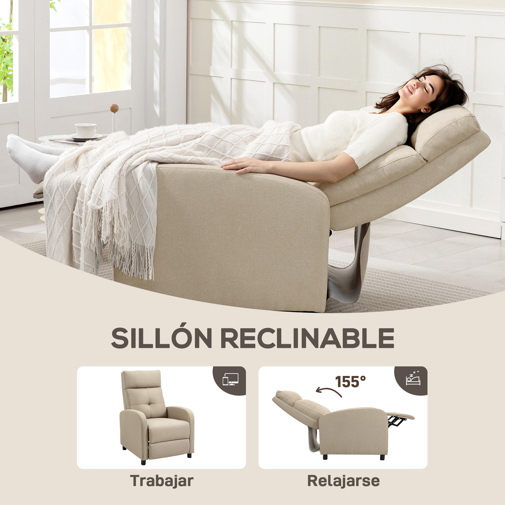 Sillón Relax Reclinable Manual, Sillón Relax de Lino con Apertura Push, Reposapiés, Respaldo Alto, Acolchado Grueso, Butaca Reclinable hasta 155Âº para Salón, Dormitorio, Oficina, Beige