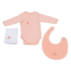 Set Body/Bavoir/Lange 3 mois Coton bio Pêche