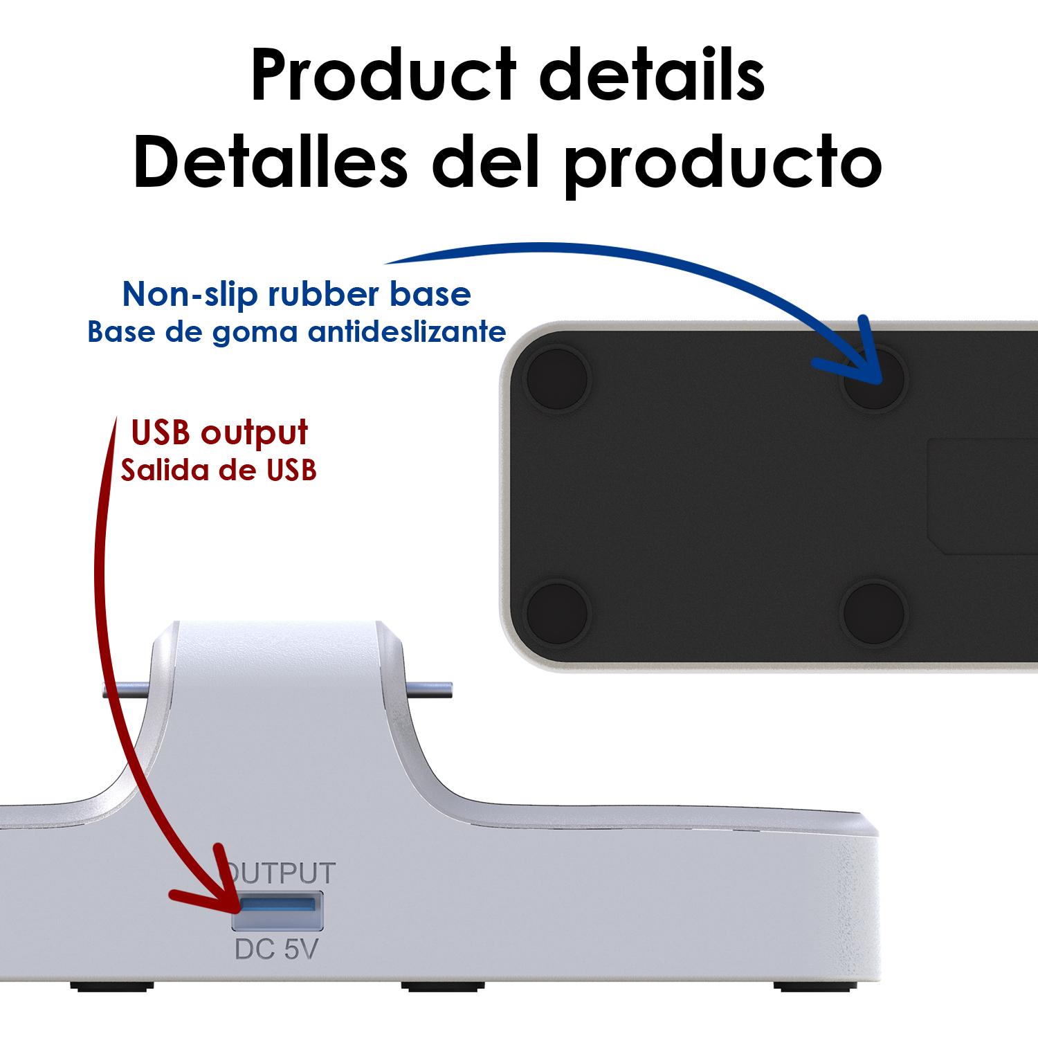 Cargador dual para 2 mandos de PS5. Incluye salida de carga USB.