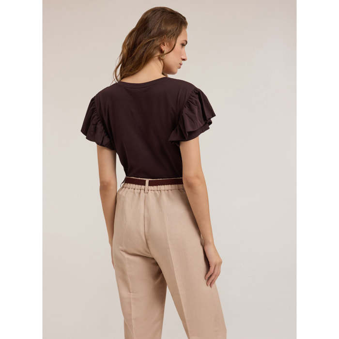 Motivi - T-shirt con maniche a volant - Marrone