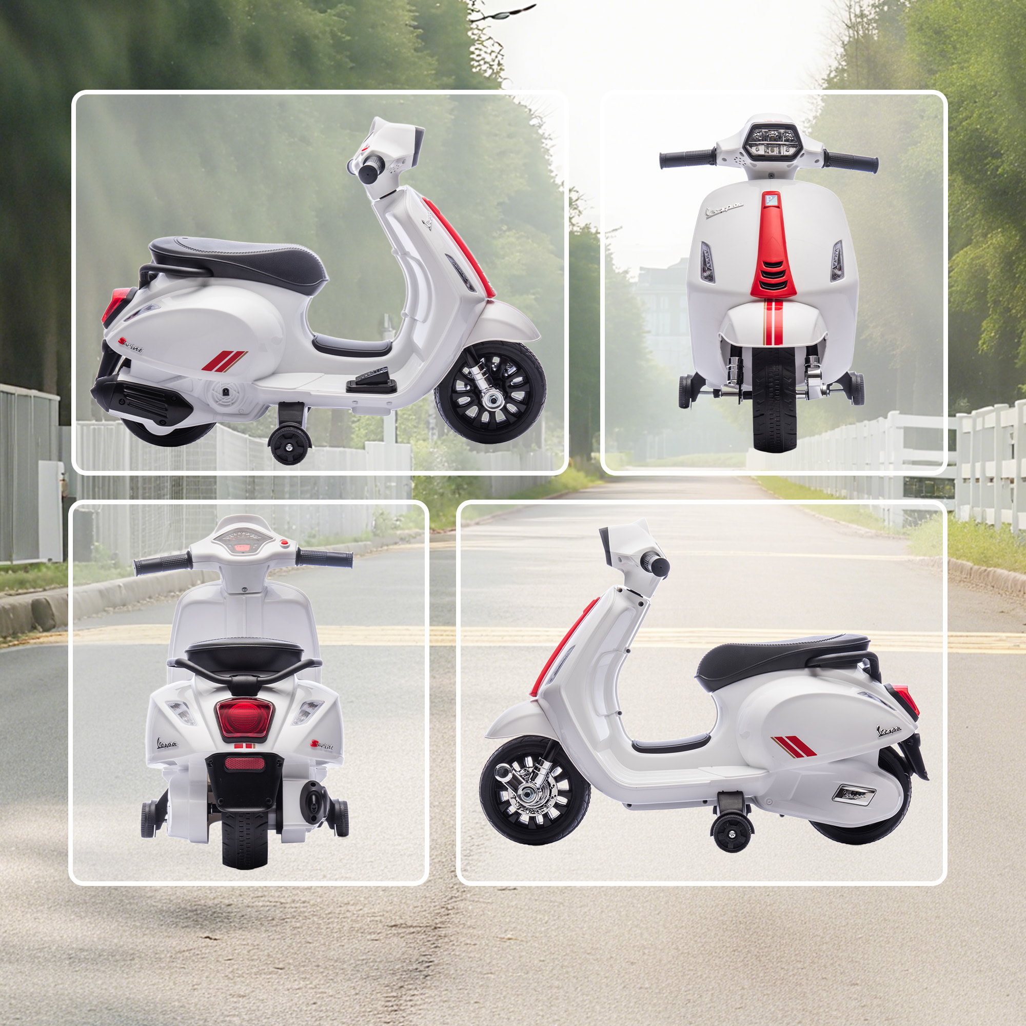 Moto Eléctrica para Niños 6V con Licencia Vespa, Moto Eléctrica Infantil con Ruedas Auxiliares de 6,9'', Velocidad de 2,5km/h, Faro y Bocina, para Niños de 2-6 Años, Blanco