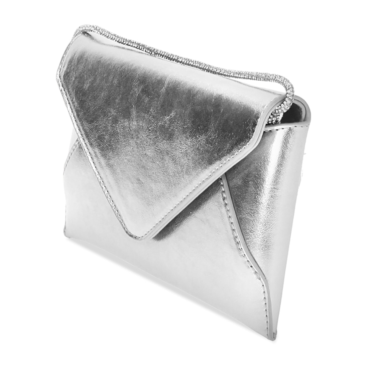 Pochette donna argento in laminato con tracolla in pietre
