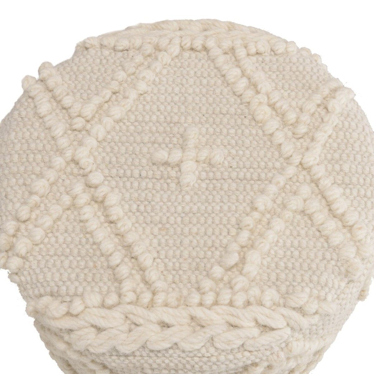 SACHA - Tabouret rond 40x40cm laine motifs losanges ivoire pieds bois