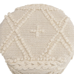 SACHA - Tabouret rond 40x40cm laine motifs losanges ivoire pieds bois