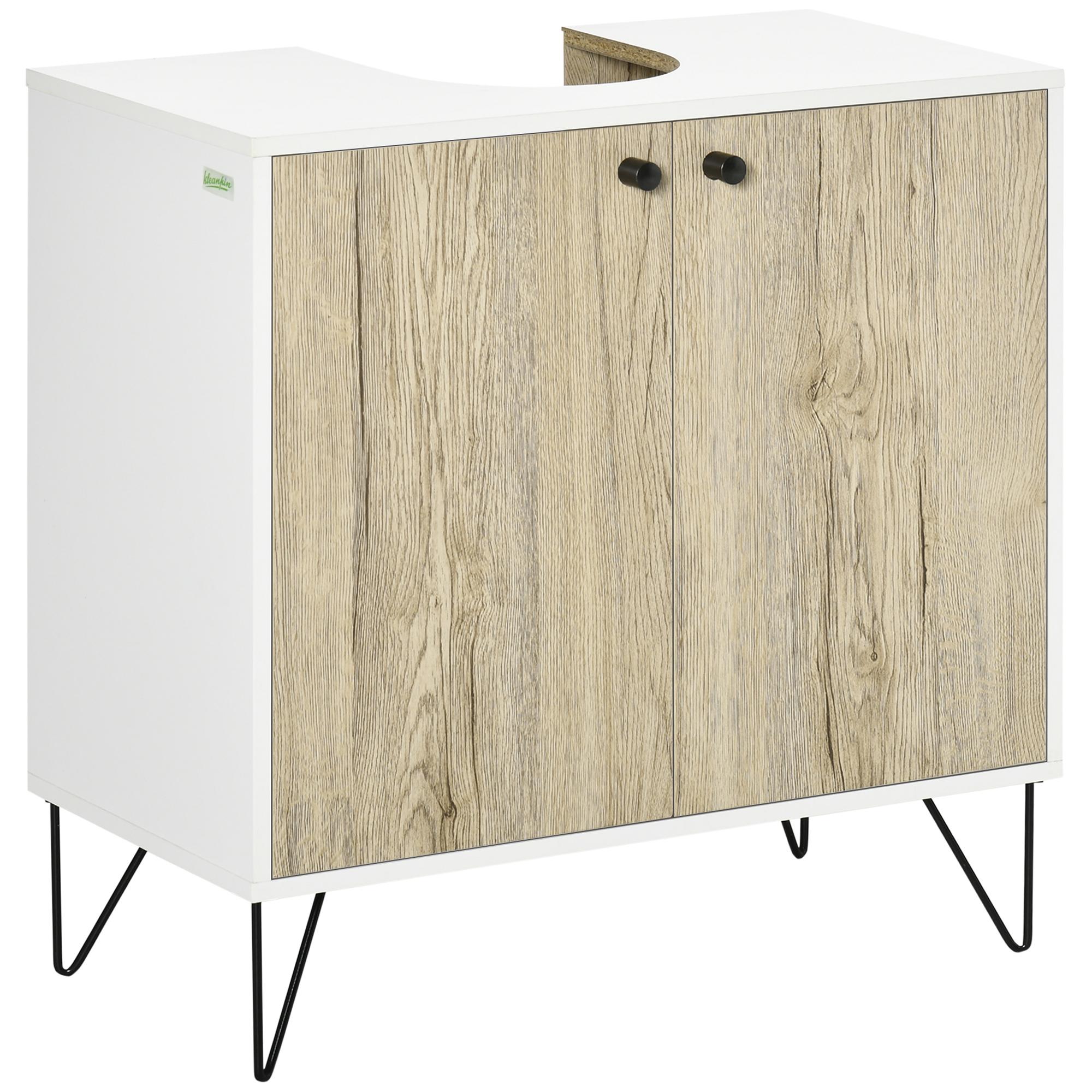 Mueble para Debajo del Lavabo de Madera Armario Bajo Lavabo Armario de Baño de Suelo con 2 Puertas Estante y Patas de Acero 60x30x60 cm Roble y Blanco