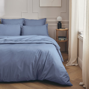 Parure de lit Housse de couette + Taies rectangles en percale de coton, PREMIÈRE, Bleu Olympe