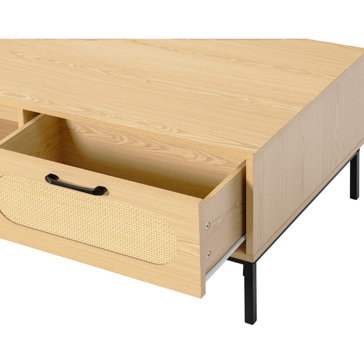 Nagato - table basse - cannage et effet bois - 1 tiroir et 1 niche - 110 cm - Bois / Noir