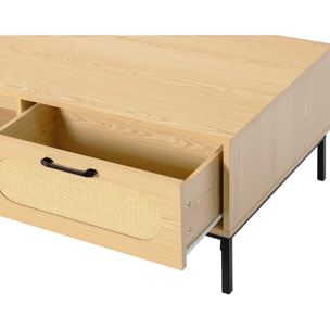 Nagato - table basse - cannage et effet bois - 1 tiroir et 1 niche - 110 cm - Bois / Noir