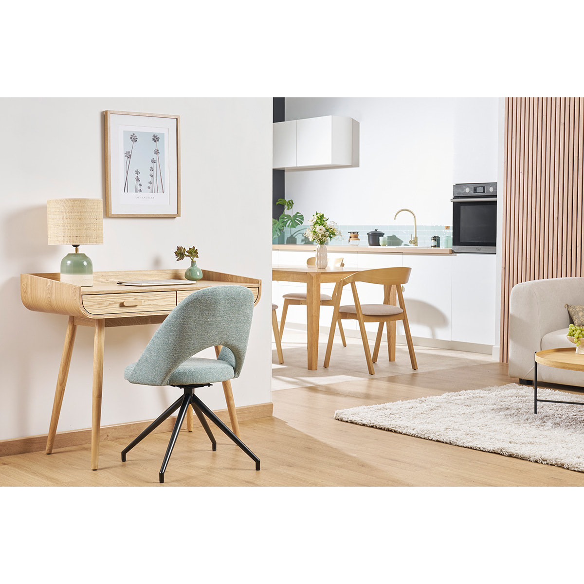 Bureau scandinave blanc et bois clair avec rangements 2 tiroirs L100 cm HALLEN