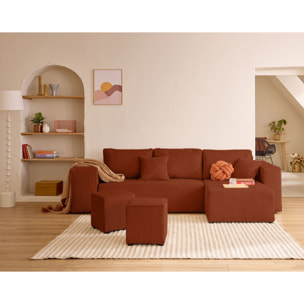 Topaze - canapé d'angle réversible 4 places - convertible avec coffre, tablette et poufs - en velours côtelé - Terracotta