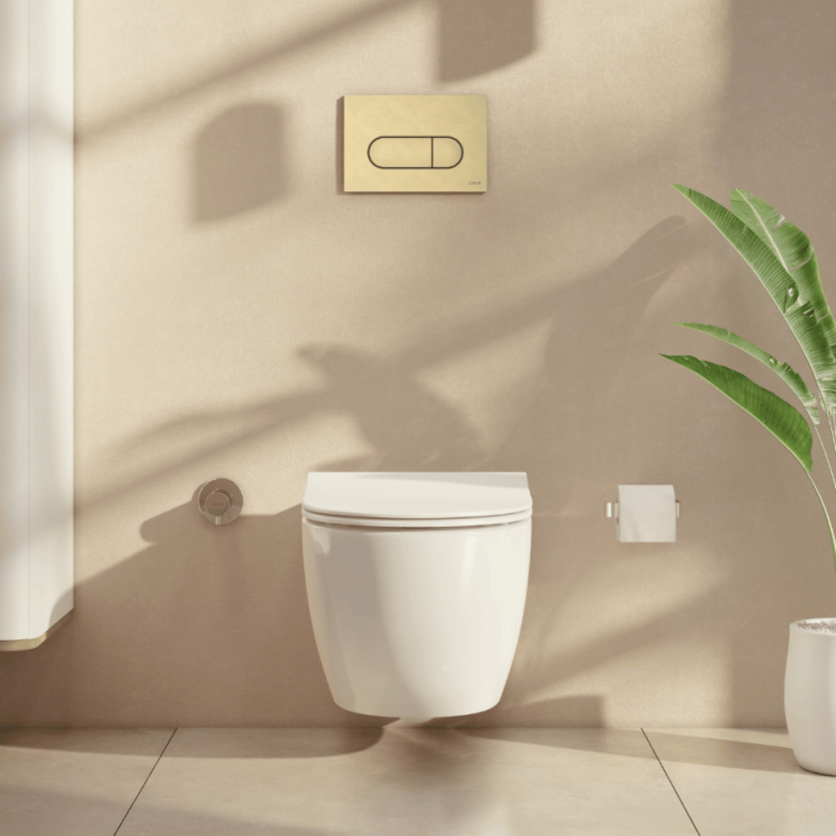 Pack WC suspendu Sento blanc brillant + bâti autoportant V-Fix Core + Plaque Round or brossé