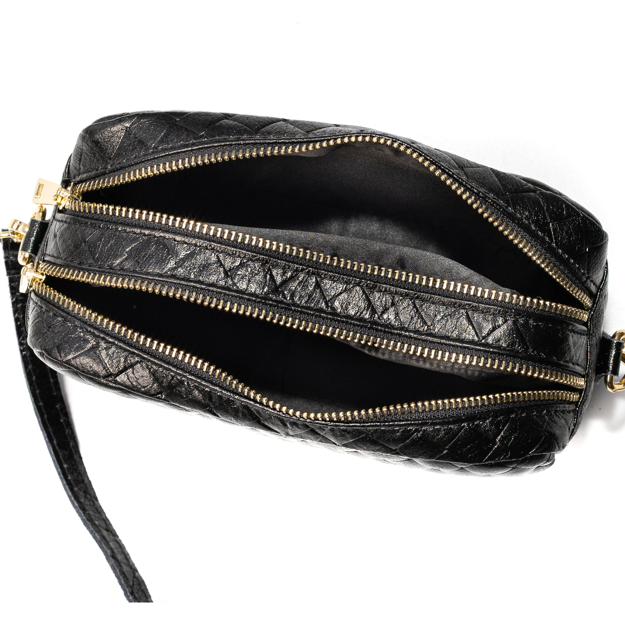 Degna borsa a tracolla donna. Pelle Scamosciata autentica con incisione intrecciata e finitura lucida.