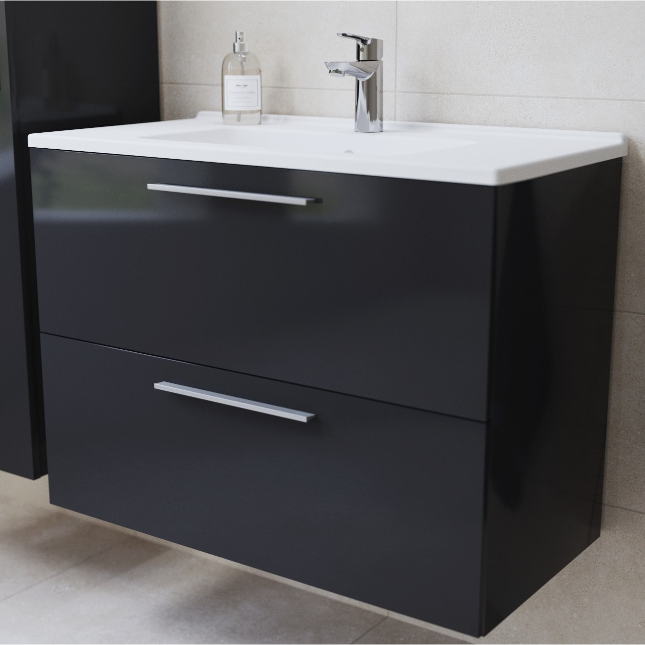 Set Mia ensemble meuble 79x61x39,5 cm  avec miroir, lavabo, éclairage LED + armoire 145x35x35cm, Anthracite brillant