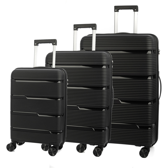 Set di 3 valigie trolley in PP resistenti alla rottura. Chiusura TSA numerica, 4 ruote doppie e girevoli a 360°.