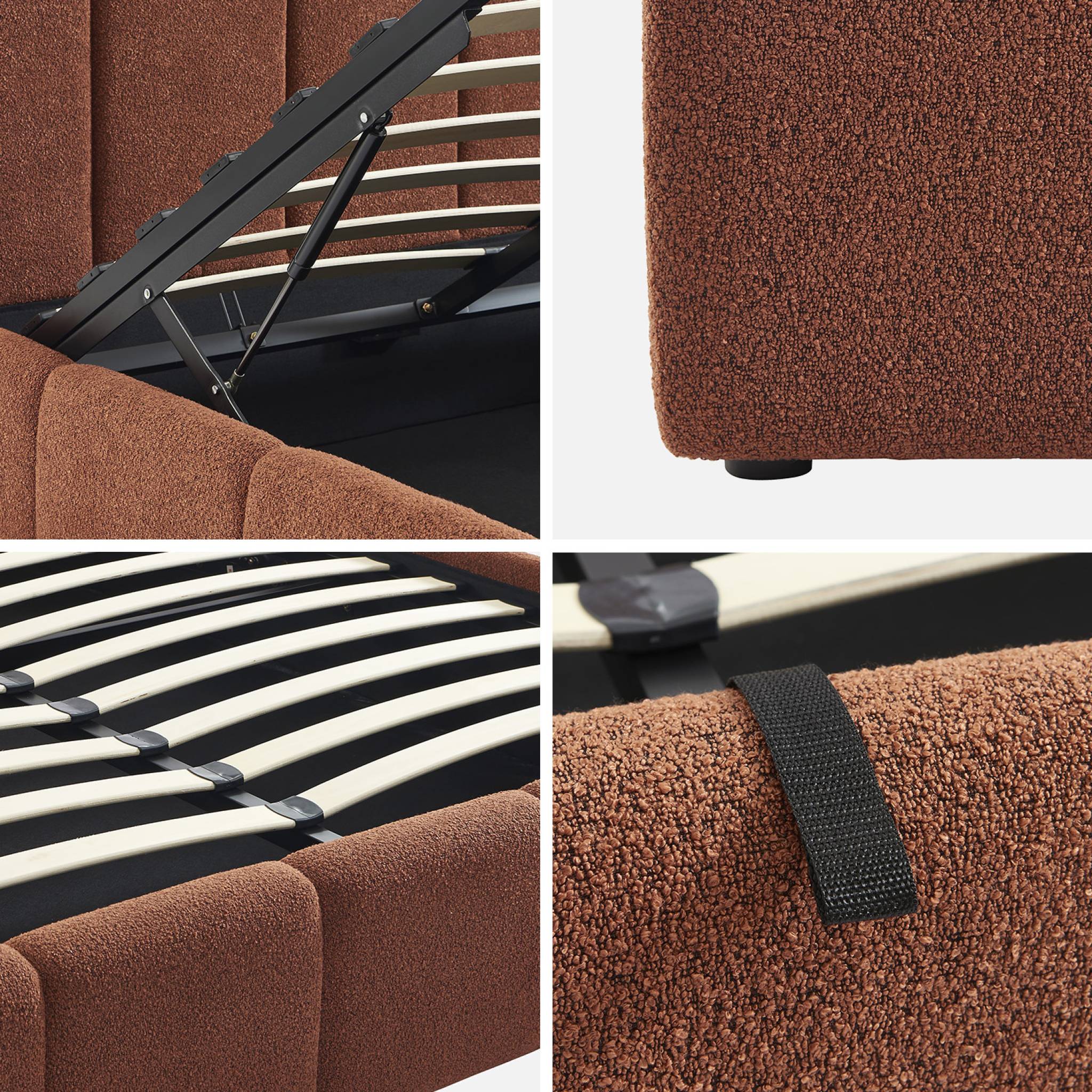 Lit coffre double avec sommier à lattes et tête de lit terracotta 160 x 200 cm bouclette texturée - Lex