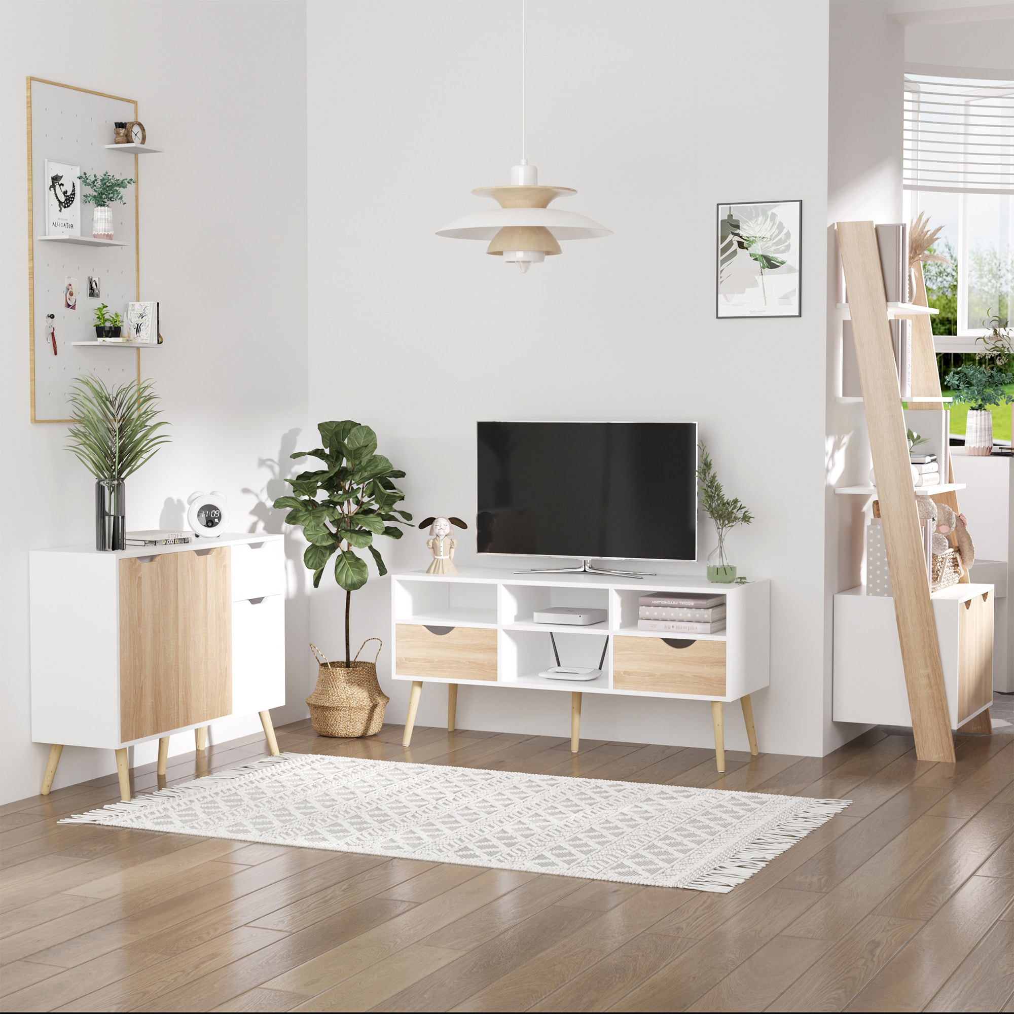 Conjunto para el Hogar Incluye 1 Mueble de TV para Televisiones hasta 50 Pulgadas 1 Aparador Auxiliar y 1 Estantería en Forma de Escalera Blanco y Natural