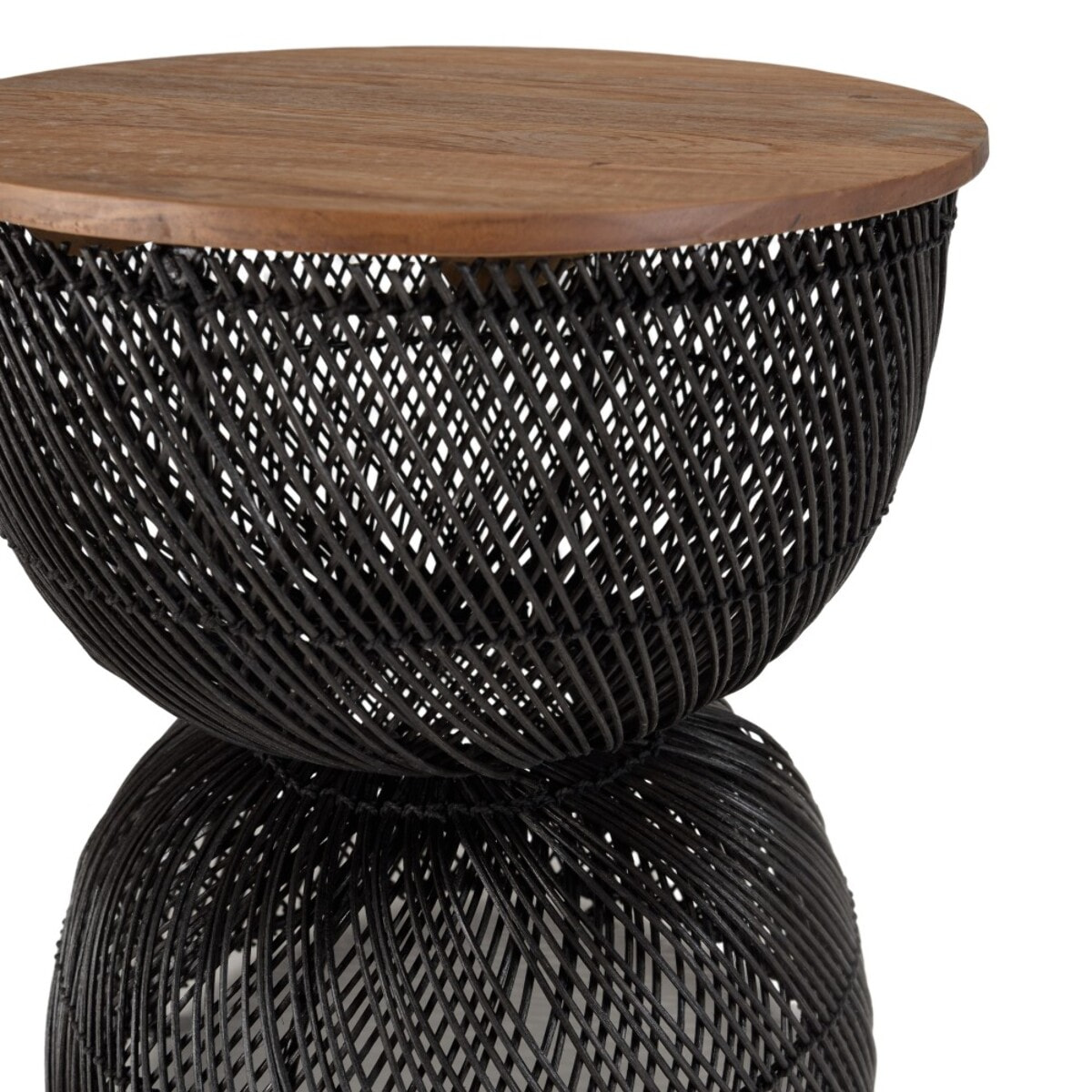 SIXTINE - Table d'appoint en rotin noir plateau bois de teck recyclé