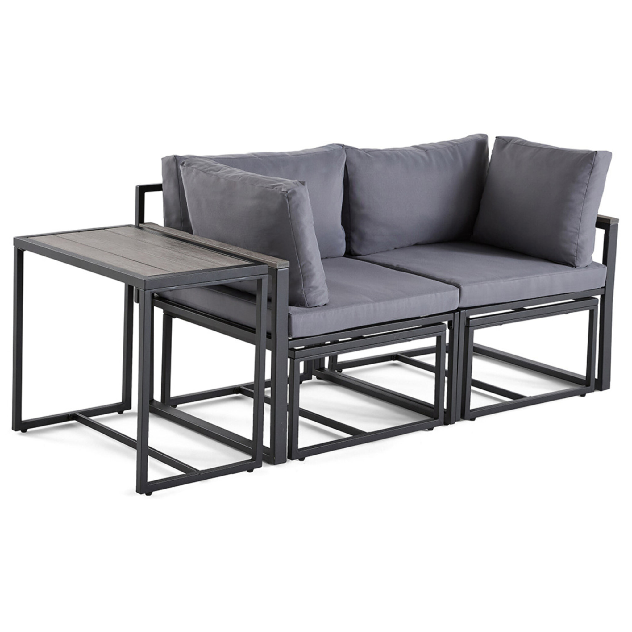 Beyla – salon de jardin modulable en acier noir - 4 places - coussins gris - Noir / Gris