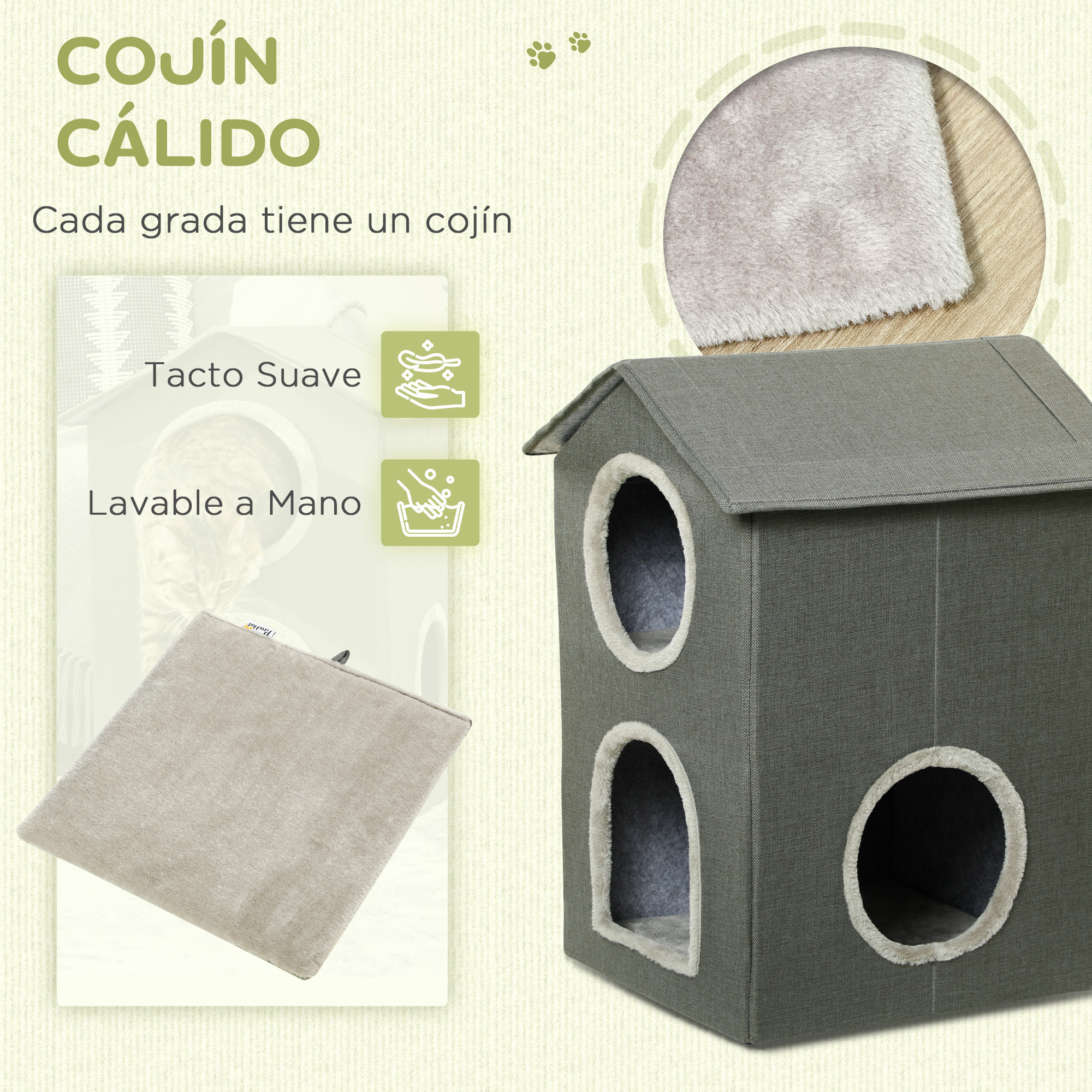 Casa para Gatos de 2 Niveles Cama para Gatos Cueva para Gatos con 3 Puertas y Cojines Lavables 42x46x59,5 cm Gris