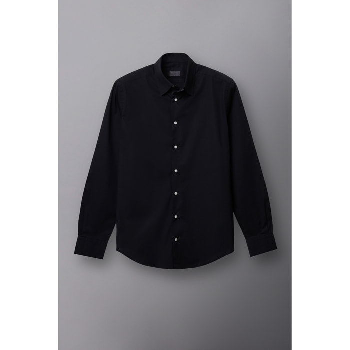 Camicia Uomo 1 Bottone Button Down Slim Popeline Stretch Unito Nero