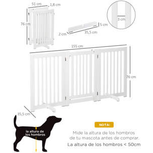 Barrera para Perros de Madera Valla para Mascotas Plegable de 3 Paneles con 1 Puerta y Patas de Apoyo para Pasillo Escalera 155x35,5x76 cm Blanco