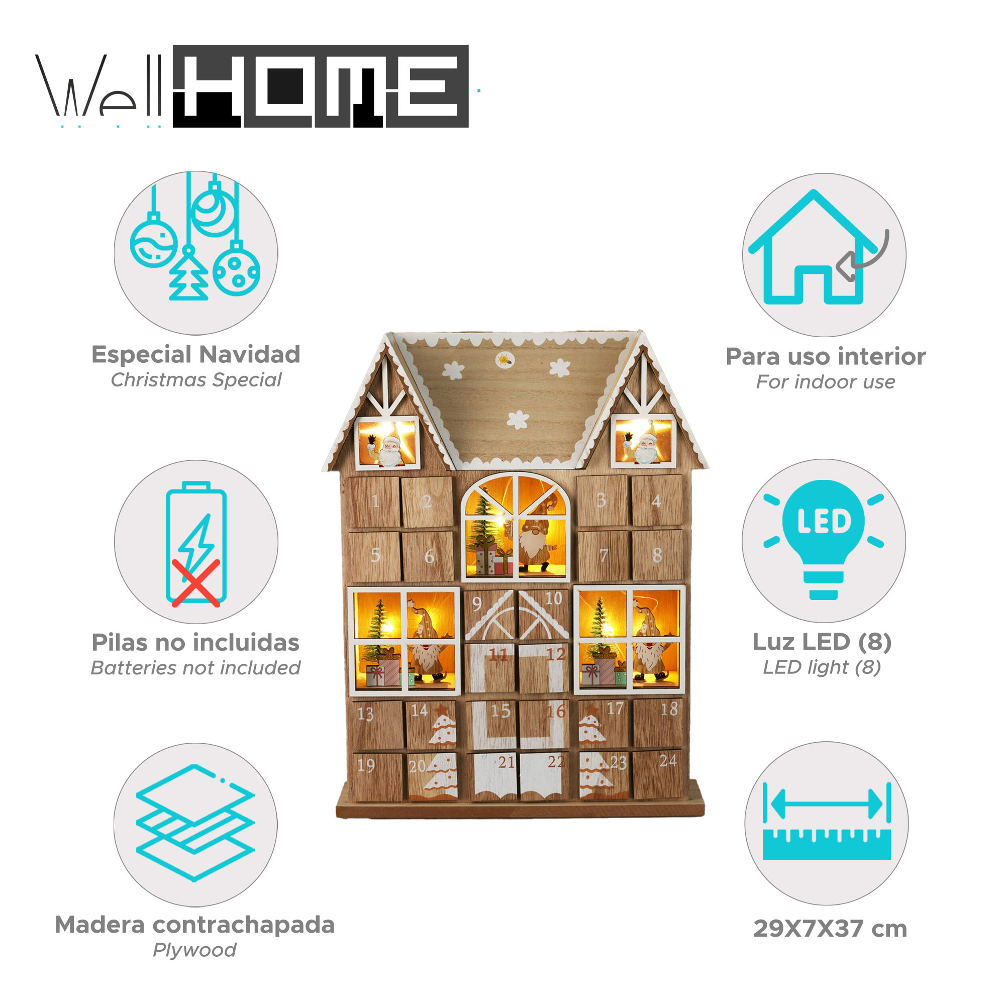calendario de adviento led de madera contrachapada con juego de cajas y luces