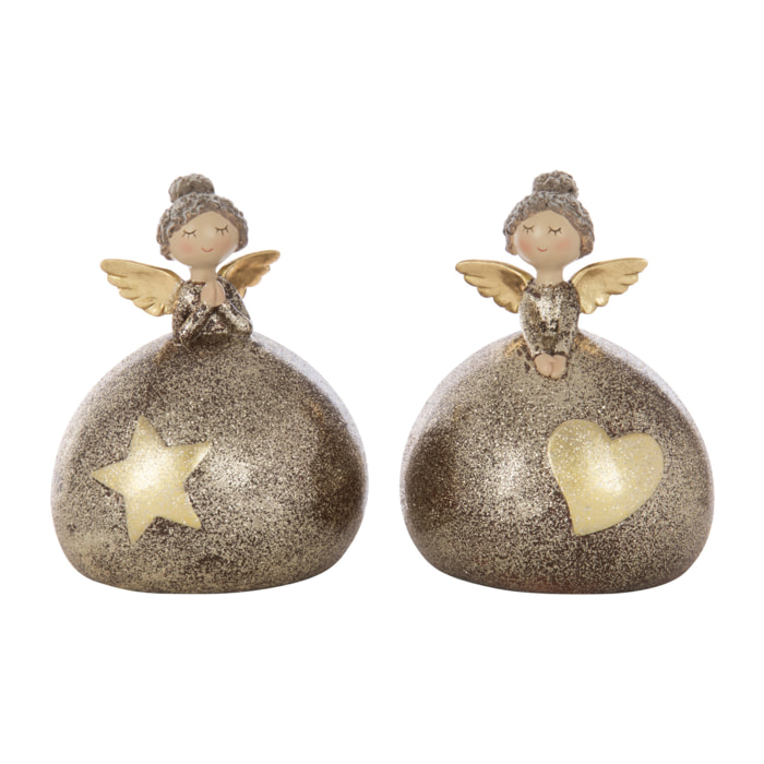 J-Line figurine Ange Cœur + Boule Étoile - polyrésine - mix - large - 2 pièces