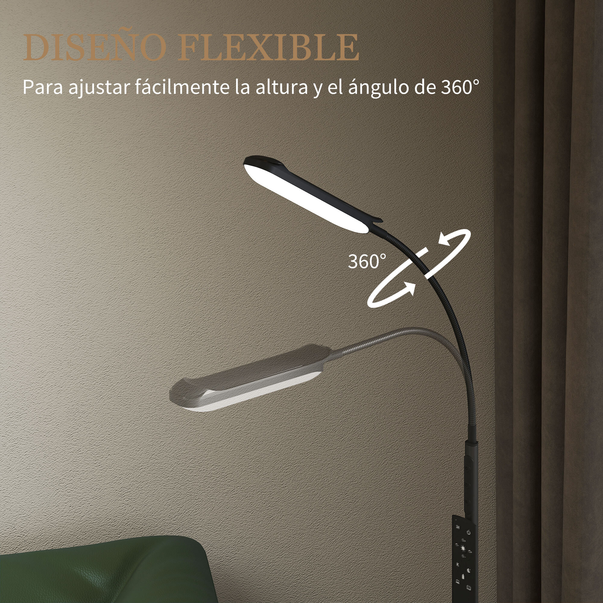 Lámpara de Pie LED Regulable Lámpara de Pie para Salón con Temperaturas de Color Ajuste Continuo Control Remoto y Táctil Temporizador de 60 Minutos Función Memoria Cuello Giratorio Negro