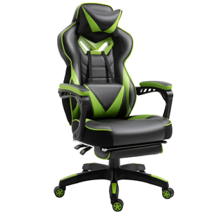 Vinsetto Fauteuil de bureau gamer style baquet racing - pivotant, inclinable - coussin lombaire, tétière, repose-pieds inclus - revêtement synthétique vert noir