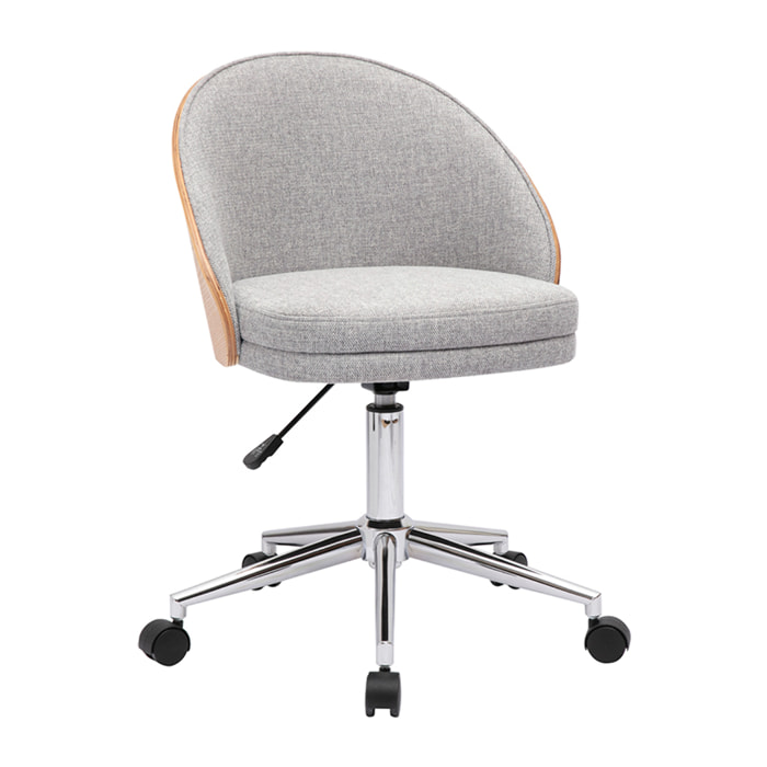 Chaise de bureau à roulettes en tissu effet velours texturé gris, bois clair et métal chromé TUCSON