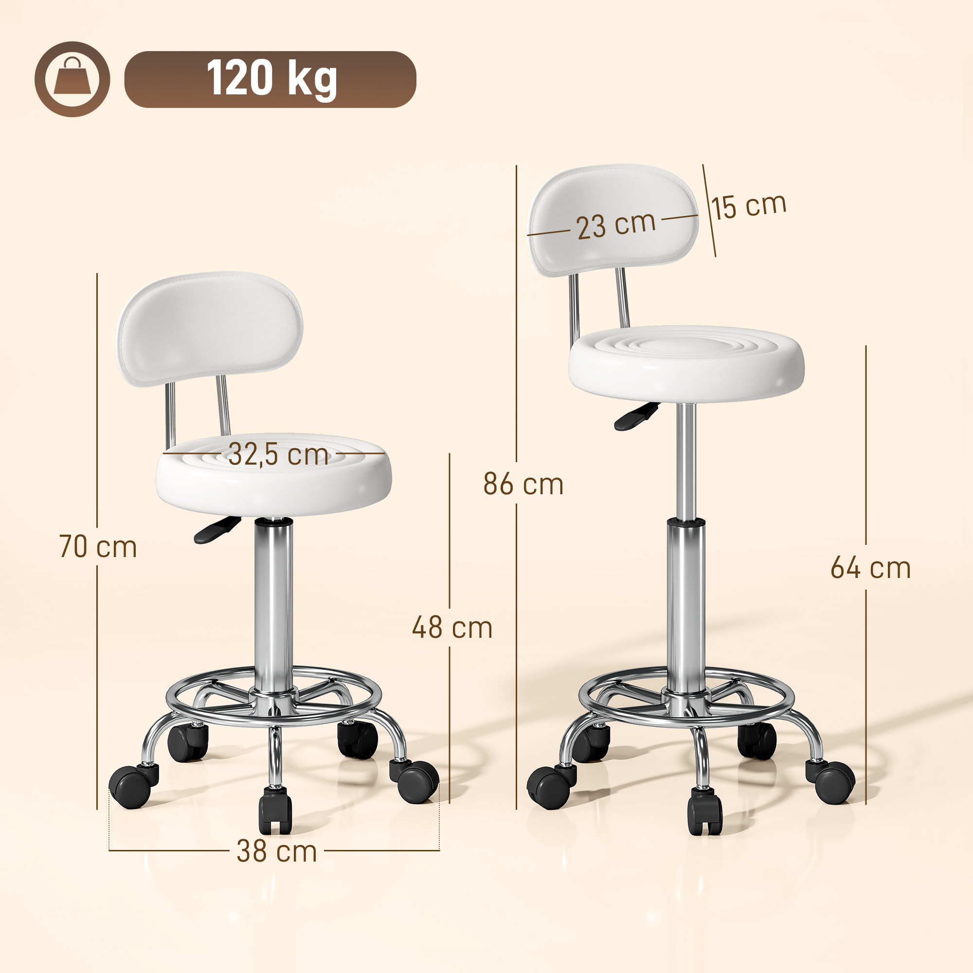 Taburete Giratorio Taburete con Ruedas y Respaldo Taburete de Trabajo con Altura Regulable 70-86 cm Asiento Tapizado de Cuero Sintético Blanco