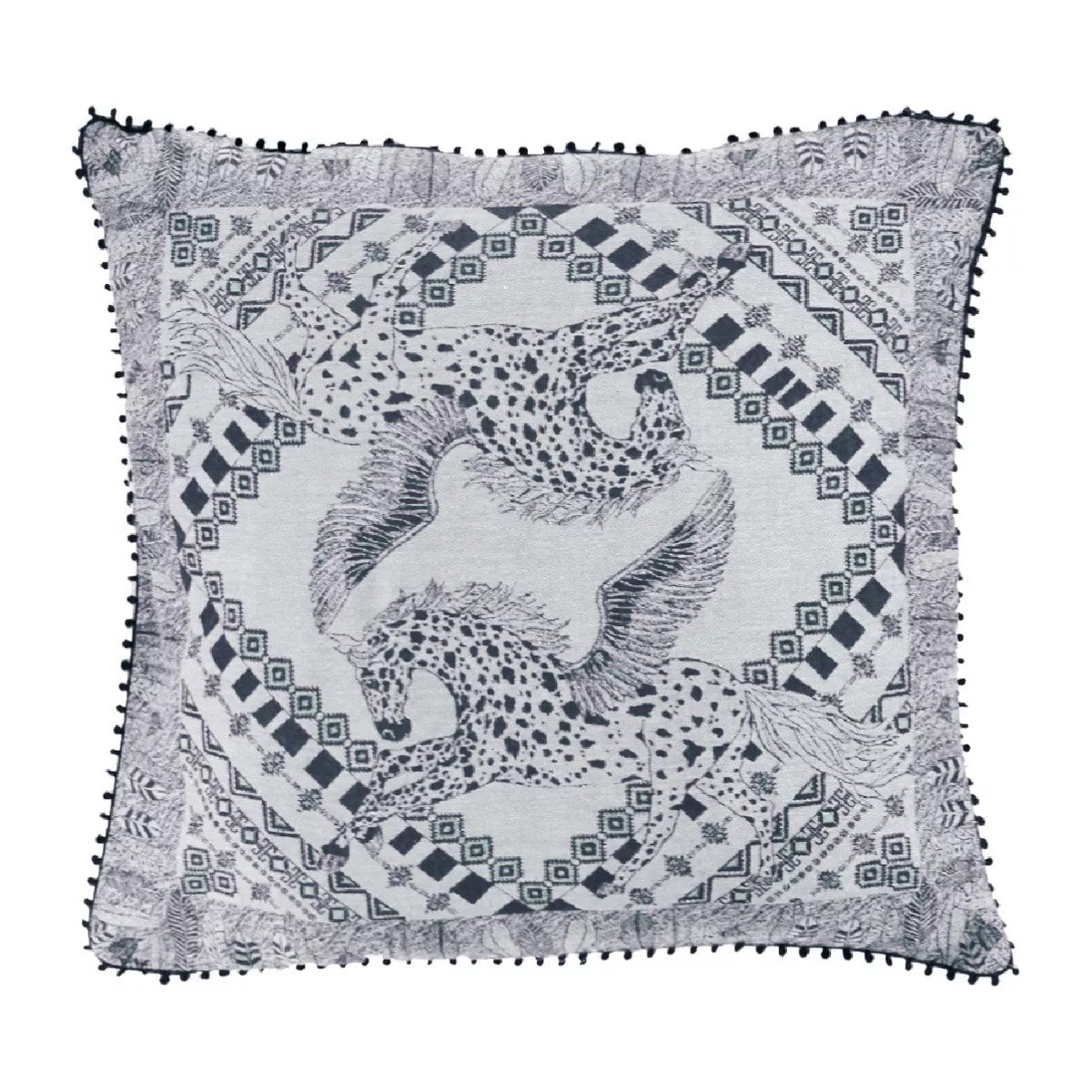 Housse de coussin satin de coton motif jacquard gris Cheval aile fusain
