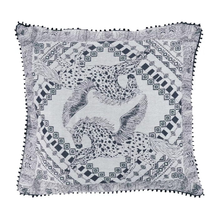 Housse de coussin satin de coton motif jacquard gris Cheval aile fusain