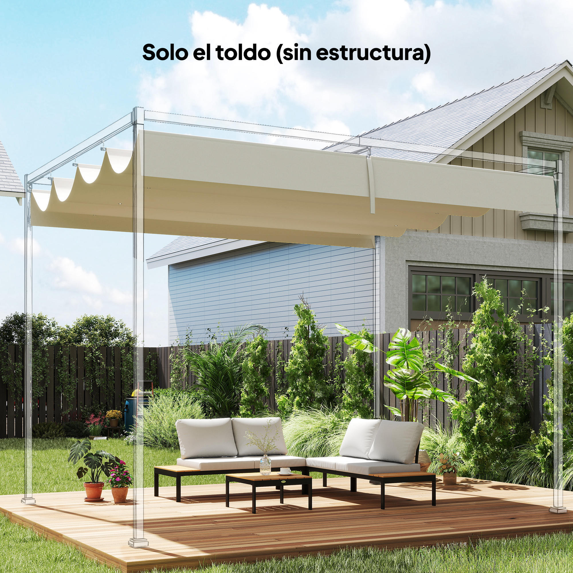Techo de Pérgola 4 x 3,5 m, Techo de Repuesto Retráctil para Marco de Pérgola de 4x3 m, UV30+, Toldo de Tela Solo para Cenador Jardín con 8 Orificios de Drenaje, Blanco Crema