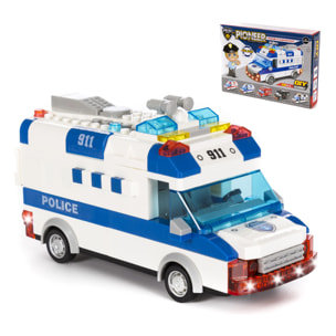 Furgone di polizia con luci ed effetti sonori. Da costruire, 68 pezzi. Funzionamento a inerzia di retromarcia.