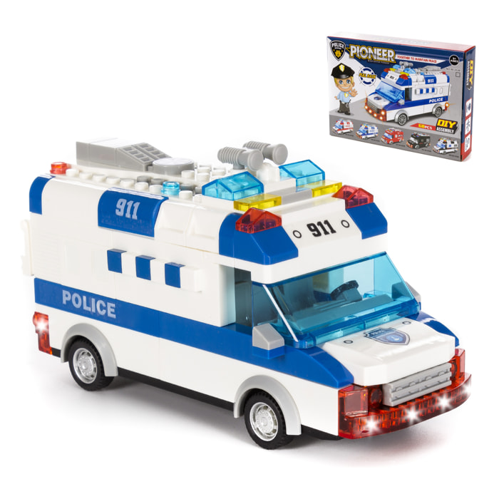 Furgone di polizia con luci ed effetti sonori. Da costruire, 68 pezzi. Funzionamento a inerzia di retromarcia.