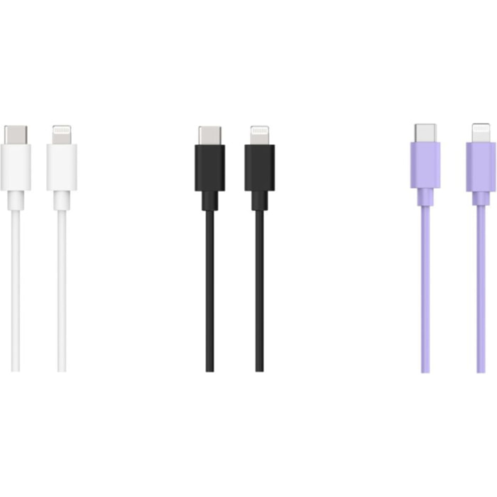 Câble Lightning ESSENTIELB pack 3 câbles USB-C 1M Blanc/Noir/Mauve
