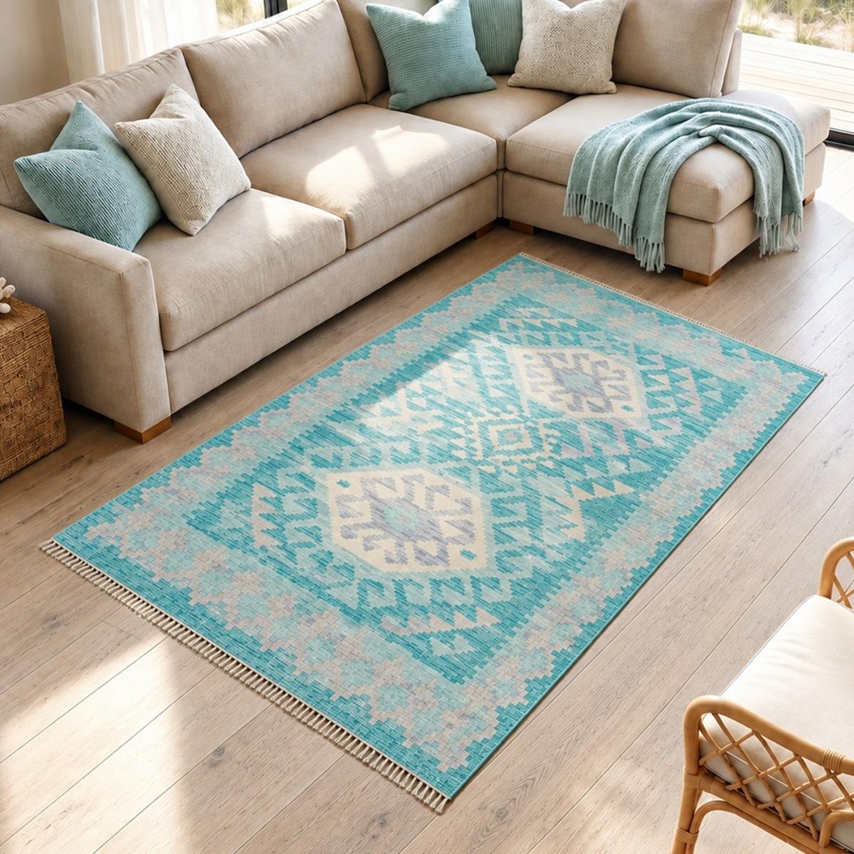 Tapis kilim, motif géométrique authentique, tissé à plat, MUKAZ