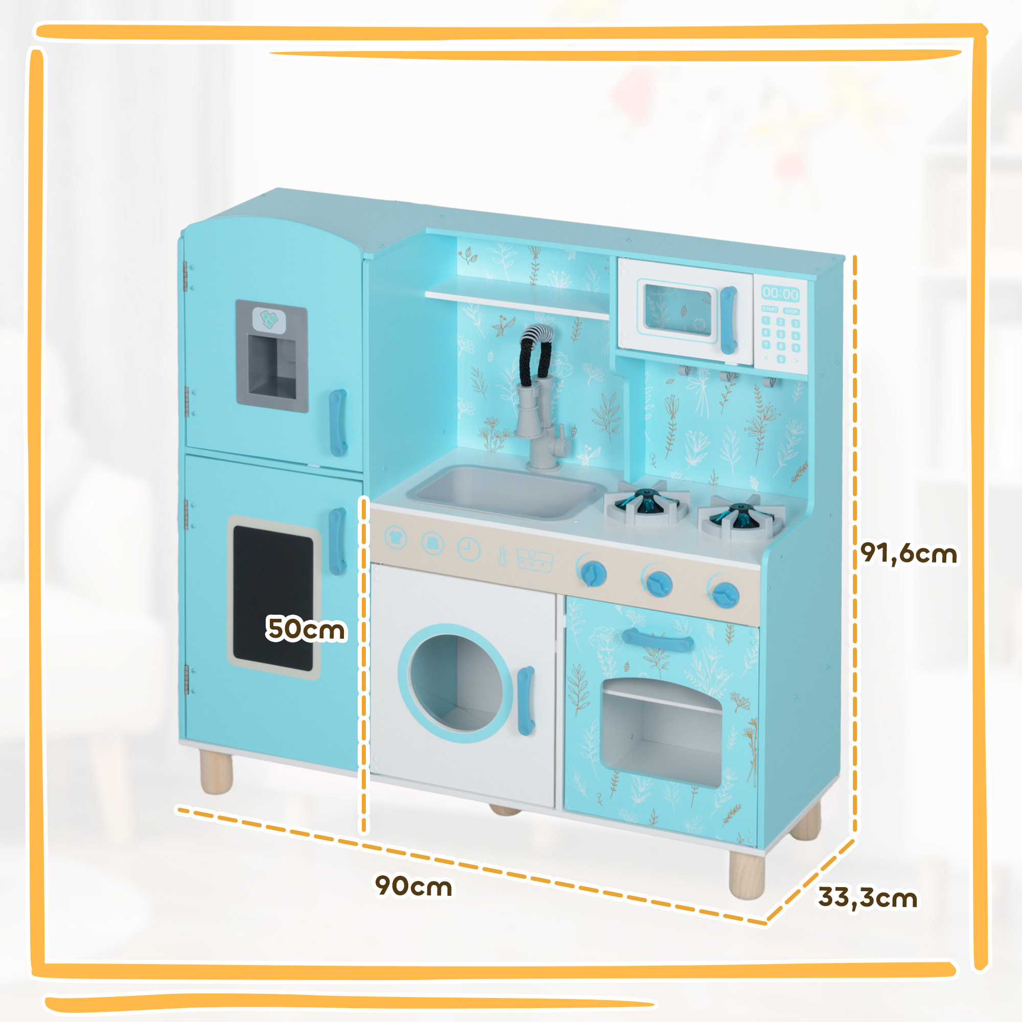 Cocina de Juguete para Niños +3 Años Cocina de Madera Infantil Cocinita Infantil con Sonido Fogón Horno Grifo Fregadero Microondas Lavadora Máquina de Hielo y Accesorios de Cocina Azul