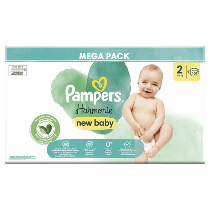 104 Couches Harmonie Taille 2, 4kg - 8kg, Pampers