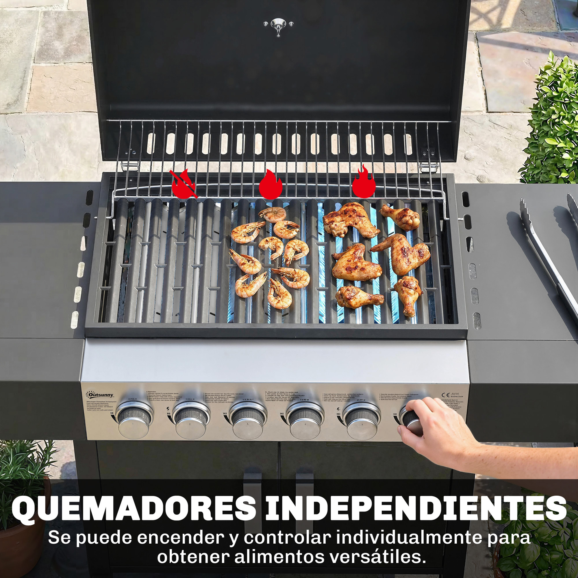 Barbacoa de Gas BBQ Gas con 6 Quemadores 15 kW Barbacoa Portátil con Termómetro Tapa 2 Mesas Laterales Armario Rejilla Calentadora Parrilla Recogedor Grasa Asa 2 Ruedas Negro