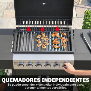 Barbacoa de Gas BBQ Gas con 6 Quemadores 15 kW Barbacoa Portátil con Termómetro Tapa 2 Mesas Laterales Armario Rejilla Calentadora Parrilla Recogedor Grasa Asa 2 Ruedas Negro
